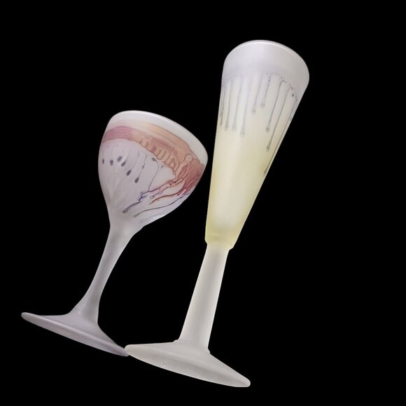 Vintage Hebro  Art Nouveau Drip Glaze Frosted Wine Glasses – Two Pieces - Picture 4 of 12